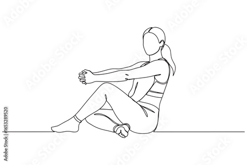 Continuous Line Drawing of continuous line drawing of woman doing seated spinal twist exercise isolated on white background