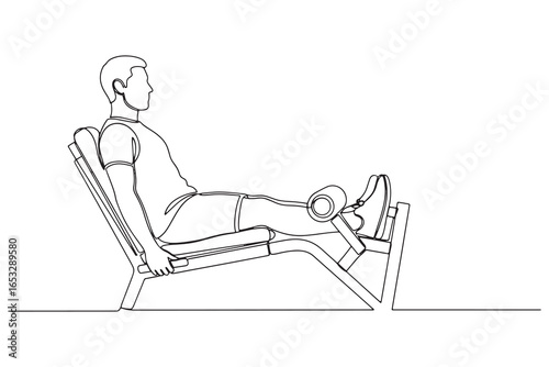 Continuous Line Drawing of a leg extension exercise on machine isolated on white background for quadriceps muscle workout