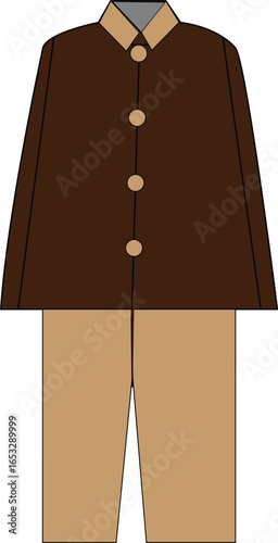 Brown shalwar kameez front view with buttoned collar – flat traditional South Asian outfit illustration