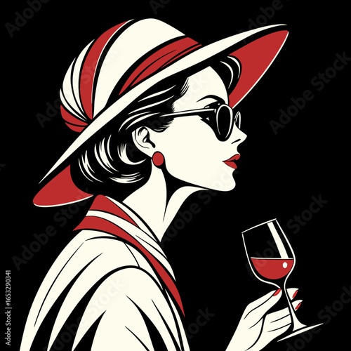 Elegant woman enjoying wine with hat and sunglasses in retro style illustration