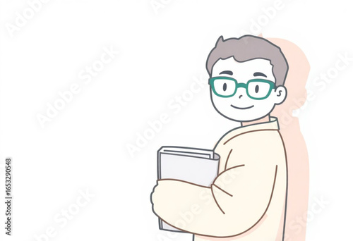 Garoto de óculos segurando livro expressando felicidade.