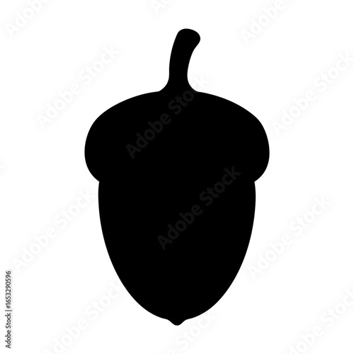 A simplistic black silhouette representation of an acorn on a white background