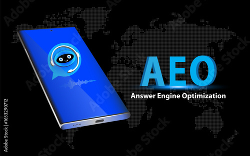 Smartphone with AI-powered answer engines, voice assistants, chatbot, and digital marketing strategy. Answer Engine Optimization Concept.
