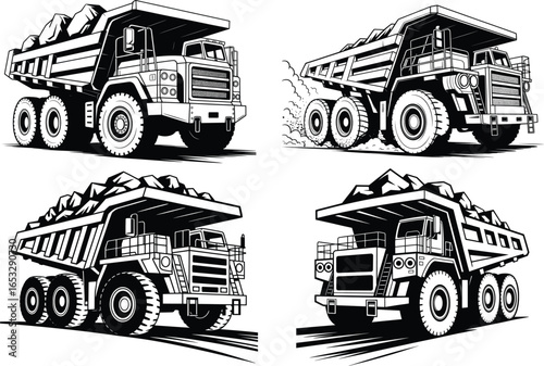 Dump Truck Vector Set, Heavy Construction Vehicle with Rocks and Mining Haul Art.