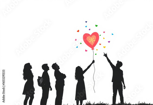 Silhueta de família segurando um balão em forma de coração. Amor, carinho, amizade, familiar.