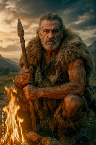  AI-generated image of a prehistoric caveman crouching by a fire at sunset.