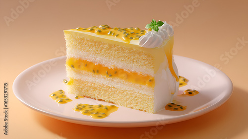 Passion fruit cake slice: moist sponge cake layered with passion fruit jelly. Topped with cream and mint