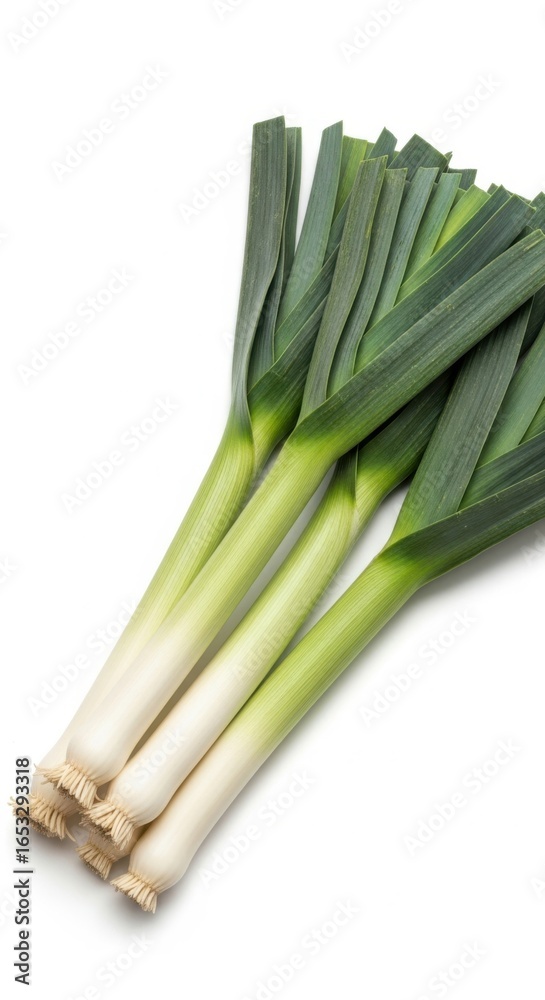 Fototapeta premium Three fresh leeks isolated on white background