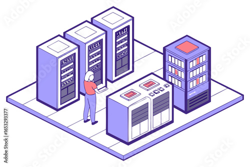 Isometric illustration of a woman working in a server room isolated on white background