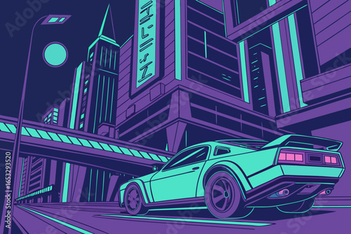 Cyberpunk car on the street in futuristic city at night with moon
