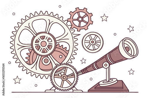 Telescope with gears isolated on white background for astronomy concept