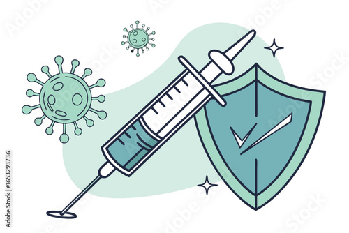 Vaccination concept with syringe, virus, and shield isolated on white background