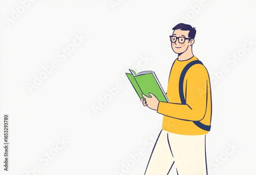 Um Jovem estudante caminhando segurando livro.