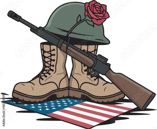 Battlefield Cross Silhouette with Boots, Rifle, Helmet, and Rose Vector Illustration