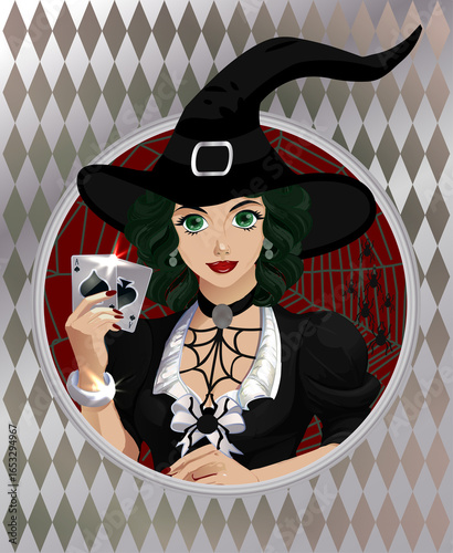 Happy Halloween Casino girl with Poker Aces cards , art deco, vector illustration