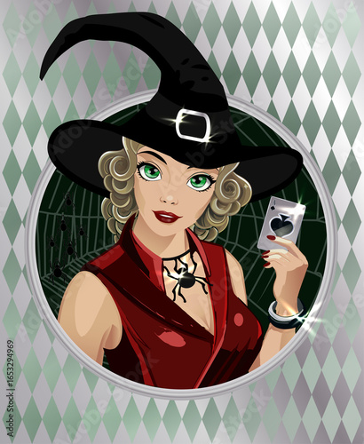 Happy Halloween Casino woman with Poker Aces card , art deco, vector illustration