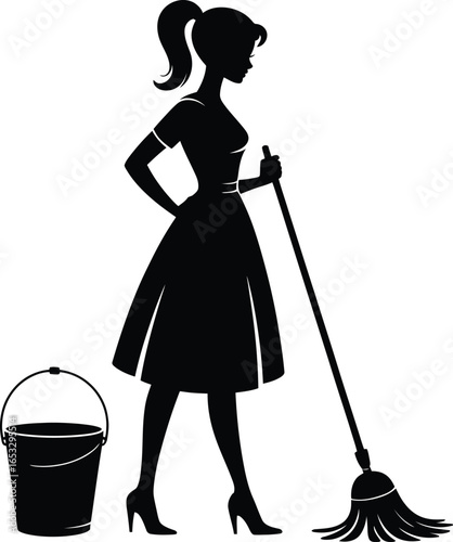 Stylish Maid with Mop and Bucket