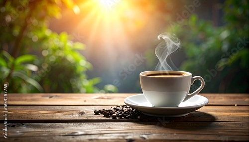 Steaming Cup of Coffee on a Wooden Table with Copy Space, Morning Sunbeam Mockup