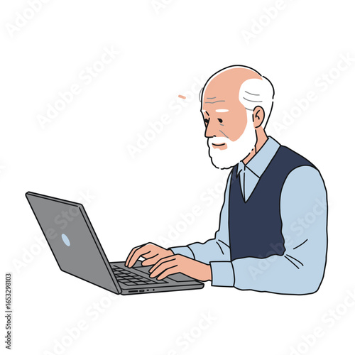 Elderly man sitting and using a laptop computer with a puzzled expression on his face