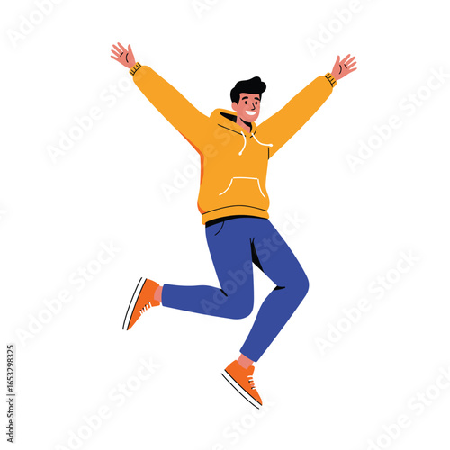 Man jumping in the air with arms raised in excitement and joy freely