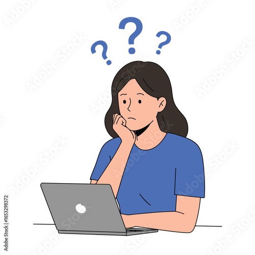 woman confused while using laptop with question marks above her head