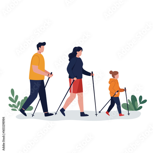 Family walking together outdoors with trekking poles in a natural setting