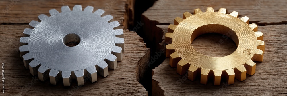 Contrasting silver and gold metal gears on textured wooden surface Contrasting silver and gold metal gears on textured wooden surface