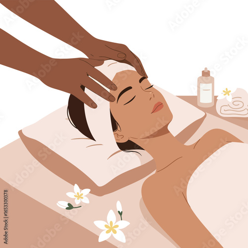 woman receiving facial massage treatment at spa with hands on face