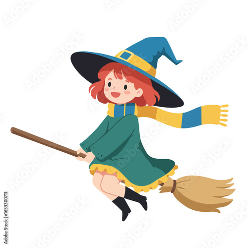 A cartoon witch flying on a broomstick in a playful and whimsical scene