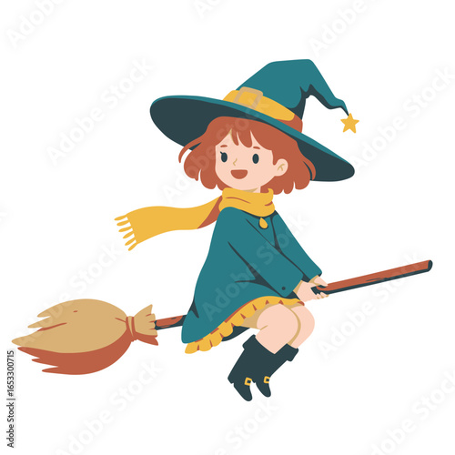 A cartoon girl dressed as a witch flying on a broomstick