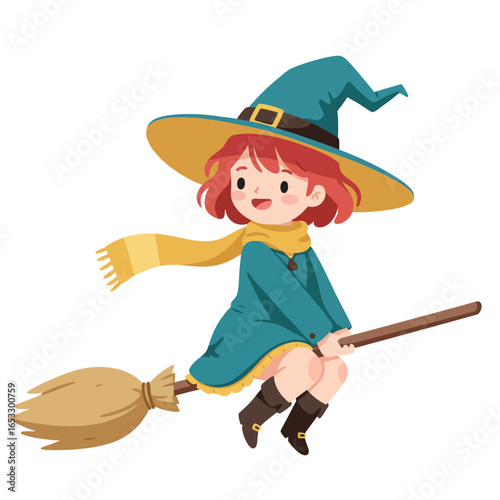 A cartoon little girl dressed as a witch flying on a broomstick