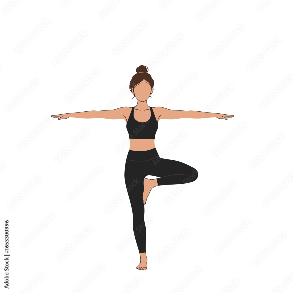 woman in black outfit practicing yoga in tree pose on white background woman in black outfit practicing yoga in tree pose on white background