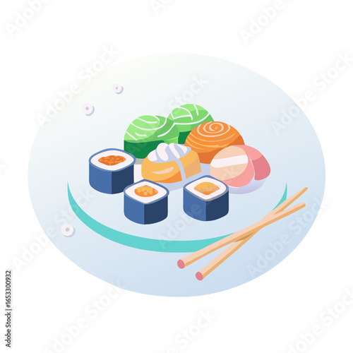 Vector illustration of a delicious sushi platter with various rolls, perfect for culinary and restaurant themes