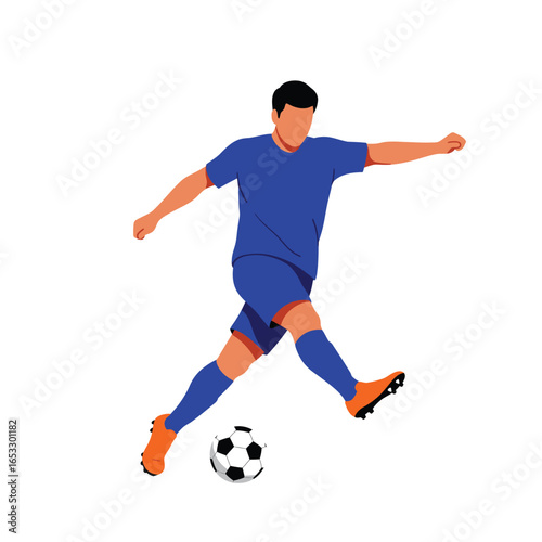 Soccer player in blue uniform kicking ball with orange cleats and socks