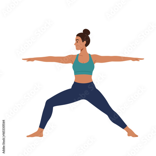 woman in warrior ii yoga pose with arms extended and legs wide apart