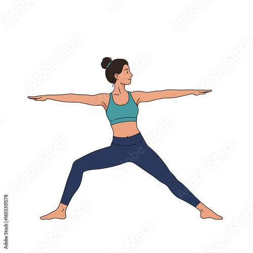 woman in warrior ii yoga pose with arms extended and legs wide apart