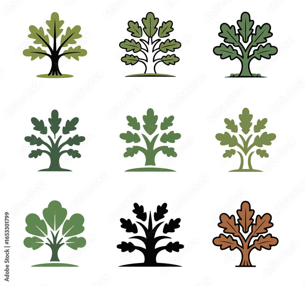 Obraz premium Oak Tree Icon Bundle – Vector Oak Icons Set for Nature, Logo, and Design