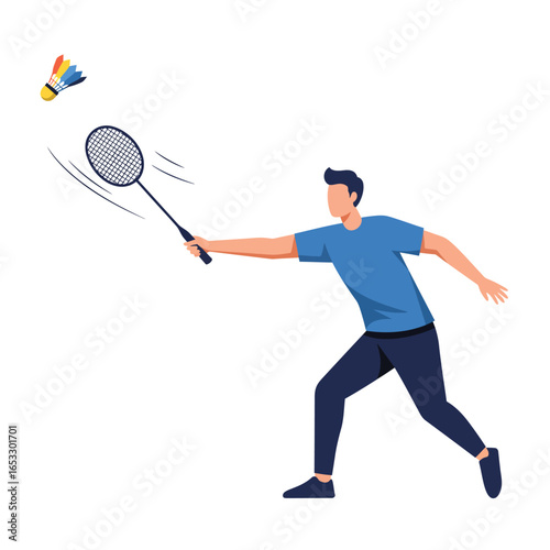 Man playing badminton with racket and shuttlecock in mid air motion