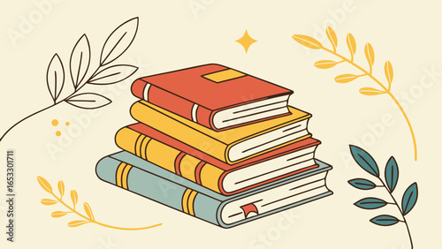 Vector illustration of a stack of colorful books surrounded by decorative leaves for educational and literary themes