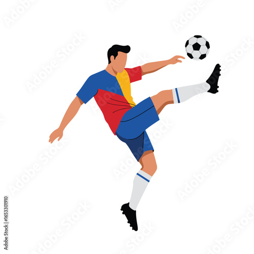 Man in soccer uniform kicking ball with leg in mid air motion