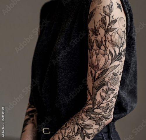 Blooming Ink: A delicate sleeve tattoo of botanical marvel on a person. show its intricate details, embodying a fusion of art, self-expression, and natural beauty.