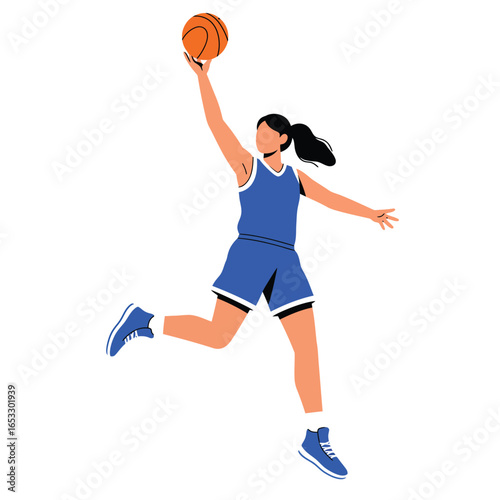Woman in blue uniform jumping to dunk basketball with one hand