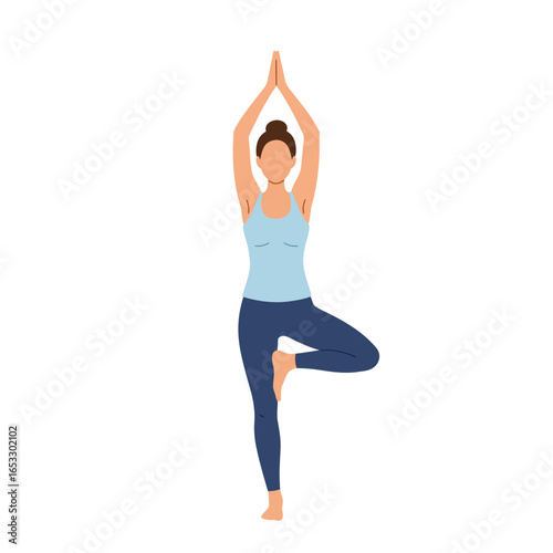 Woman in yoga tree pose with hands together above her head in balance