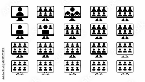Illustration of multiple computer screens displaying different numbers of participants in video conferences silhouette