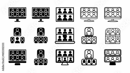 Illustration showing a collection of icons representing video conferences and online meetings with participants silhouette