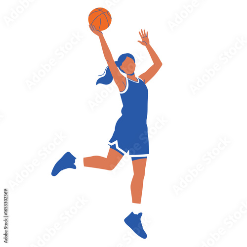 Woman in blue uniform jumping to shoot basketball with one hand