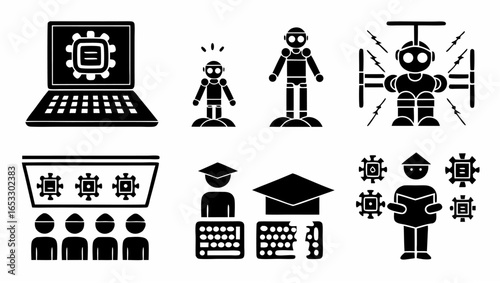 Illustration showing laptop with gear, robots, presentation, graduation and person reading a book with gears silhouette