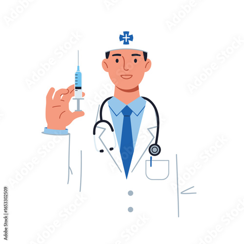 Doctor in white coat holding syringe and wearing stethoscope and medical cross