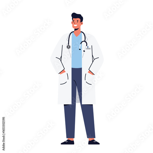 A male doctor wearing a white lab coat and stethoscope standing confidently