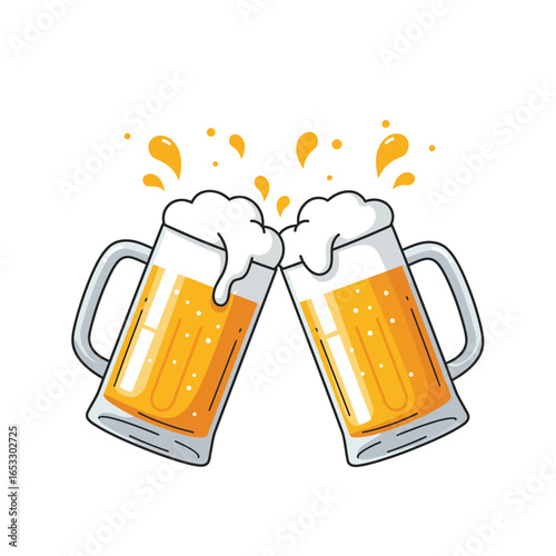Two beer mugs clinking together with foam and liquid splash